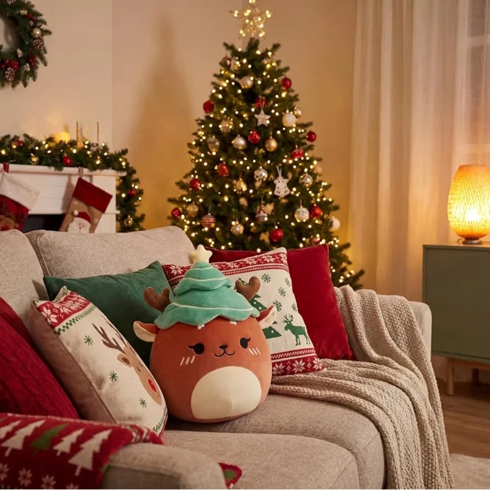 Merry Christmas ‘Reindeer Plushie with Tree Hat’ Holiday Pillow